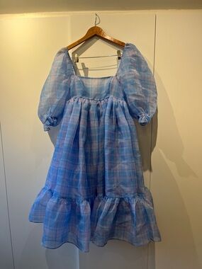 Selkie Blue Plaid Puff-Sleeve Midi Dress